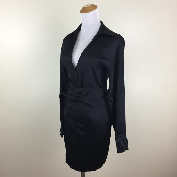 NWT ZARA Long Sleeve Black Satin Button Collared Flap Tie Overlay Front Dress - Picture 12 of 14